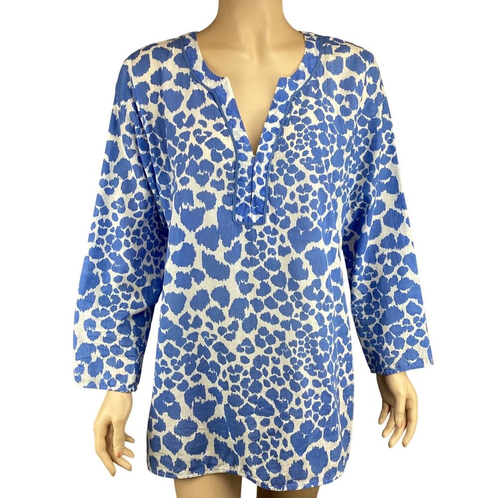 Persifor Tunic Top Size Medium Blue & White Leopard Print Lightweight Pullover